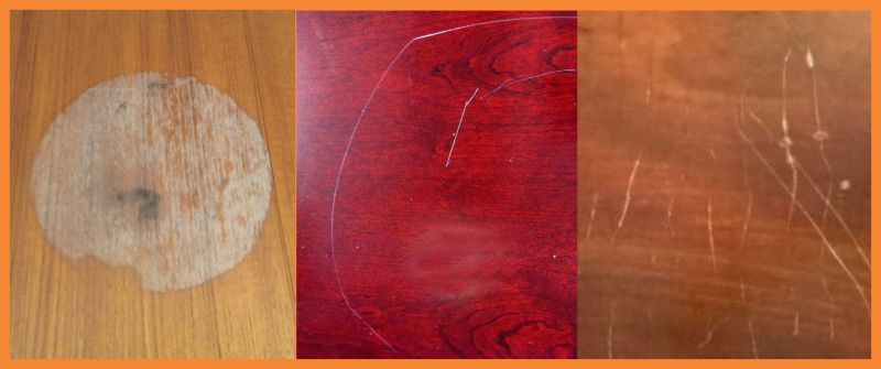 wooden tabletop marred by stains and scratches