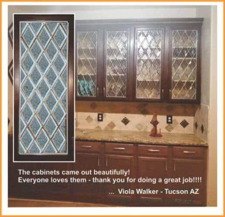 Cabinet doors with leaded gluechip bevels