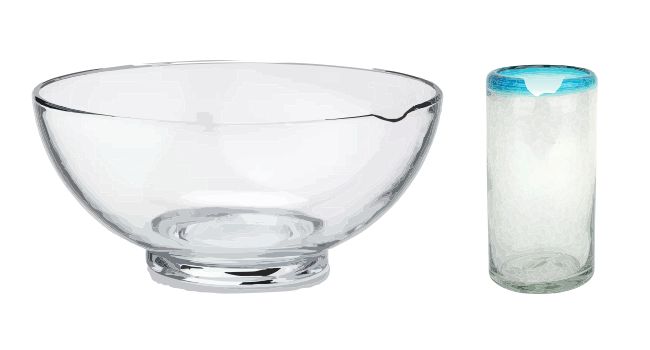Inexpensive glass bowl and drinking glass with chips