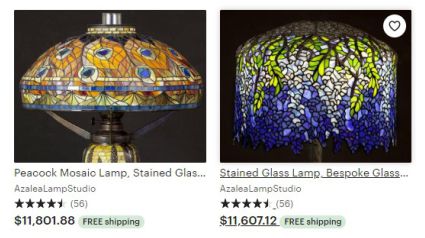 Stained glass lampshades advertised on Etsy