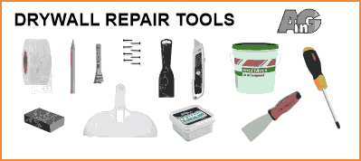 Tools for drywall repair including putty knives and spackling